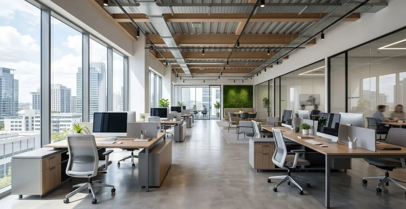 Vue en grand angle d'un open space de PME moderne avec bureaux contemporains, grandes baies vitrées et lumière naturelle abondante