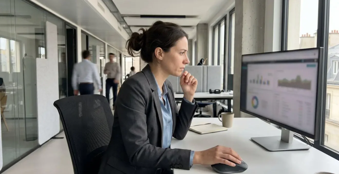 Professionnel de profil concentré analysant un tableau de bord financier affichant des retards de paiement sur écran d'ordinateur dans un bureau contemporain