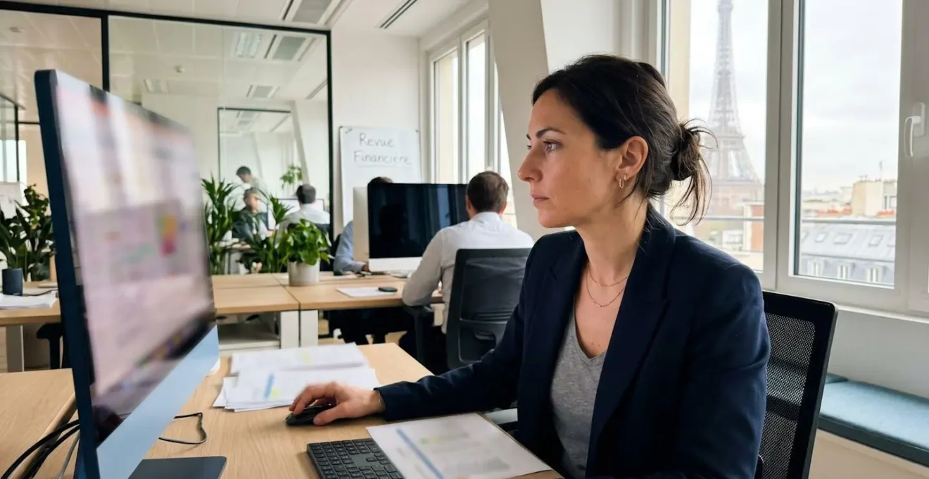 Professionnel de profil concentré analysant un tableau de bord financier affichant des retards de paiement sur écran d'ordinateur dans un bureau contemporain