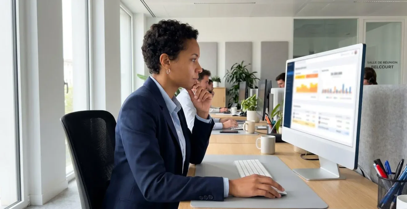 Professionnel de profil concentré analysant un tableau de bord financier affichant des retards de paiement sur écran d'ordinateur dans un bureau contemporain