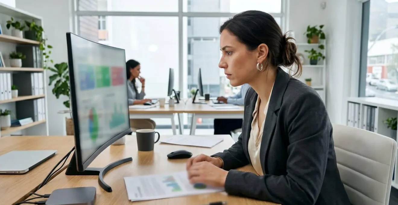 Professionnel de profil concentré analysant un tableau de bord financier affichant des retards de paiement sur écran d'ordinateur dans un bureau contemporain