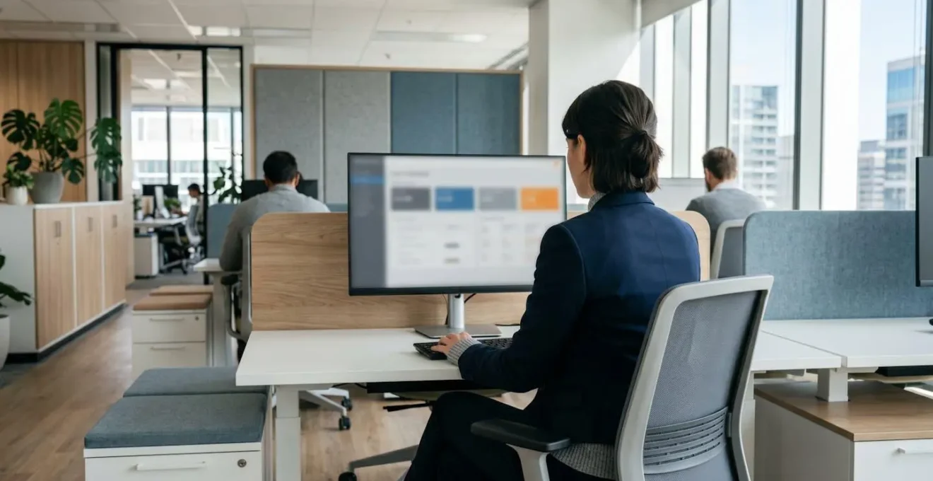 Professionnel vu de dos consultant un tableau de bord de solvabilité client sur écran complètement flouté, posture concentrée, bureau moderne lumineux