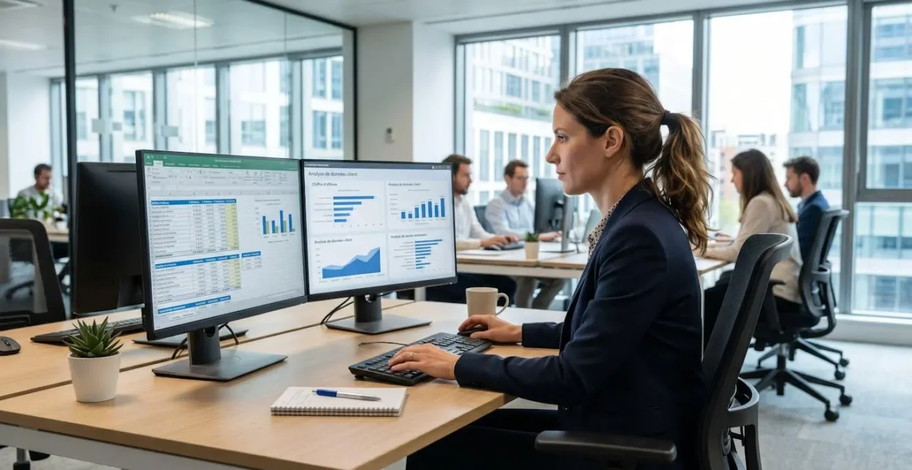 Professionnel de la finance travaillant sur un poste de travail double écran, analysant des données financières clients, vu de dos ou de profil