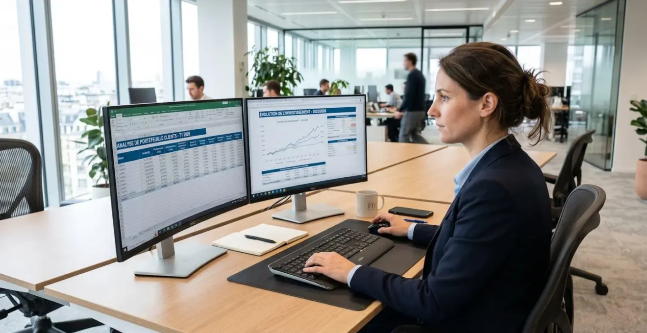 Professionnel de la finance travaillant sur un poste de travail double écran, analysant des données financières clients, vu de dos ou de profil