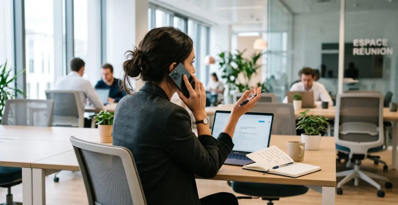 Professionnel vu de dos tenant un stylo en main, concentré lors d'un appel téléphonique dans un bureau contemporain lumineux