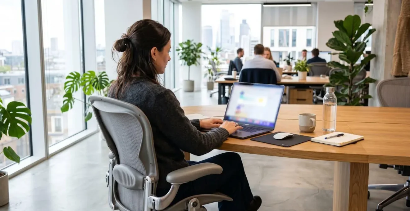 Professionnel vu de dos travaillant sur un ordinateur portable dans un bureau moderne et lumineux