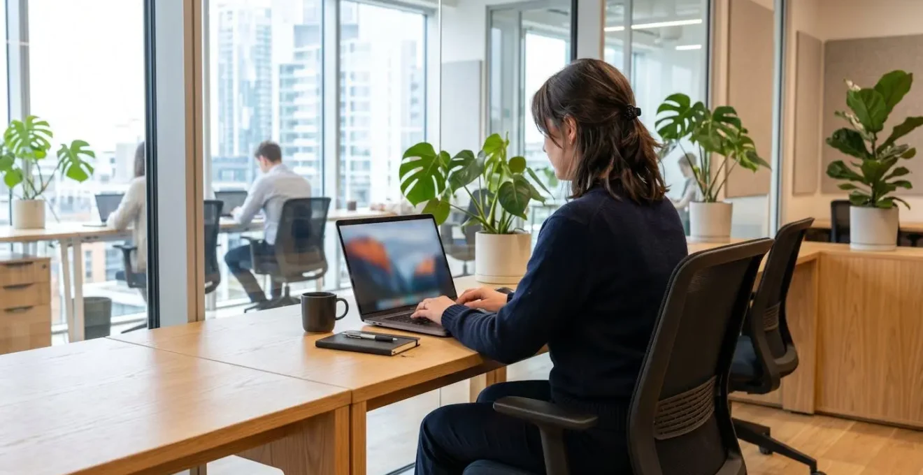 Professionnel vu de dos travaillant sur un ordinateur portable dans un bureau moderne et lumineux