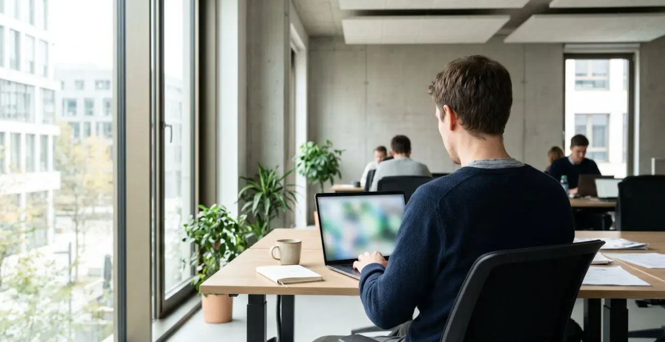Professionnel vu de dos travaillant sur un ordinateur portable dans un bureau moderne et lumineux