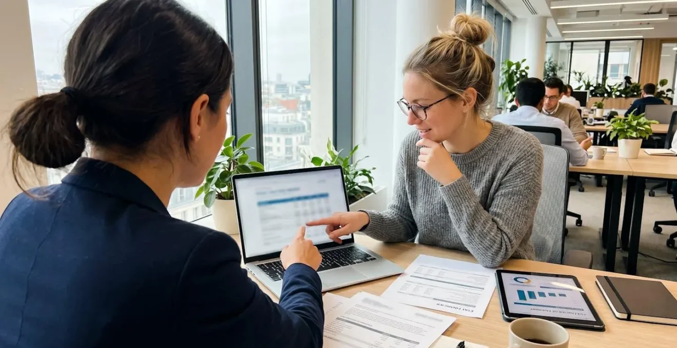 Deux professionnels en réunion discutent d'un planning de paiement sur un ordinateur portable dans un bureau moderne