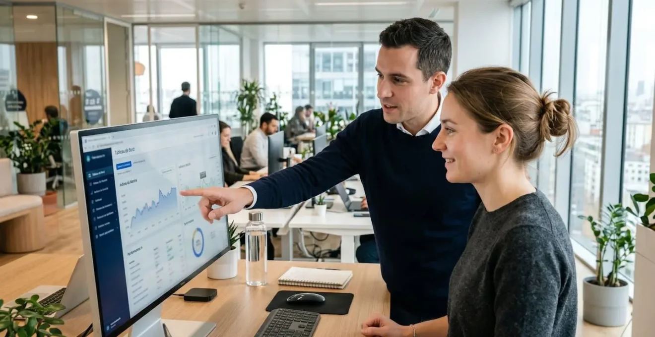 Deux professionnels de la finance côte à côte analysent un tableau de bord financier sur un écran dans un bureau contemporain lumineux