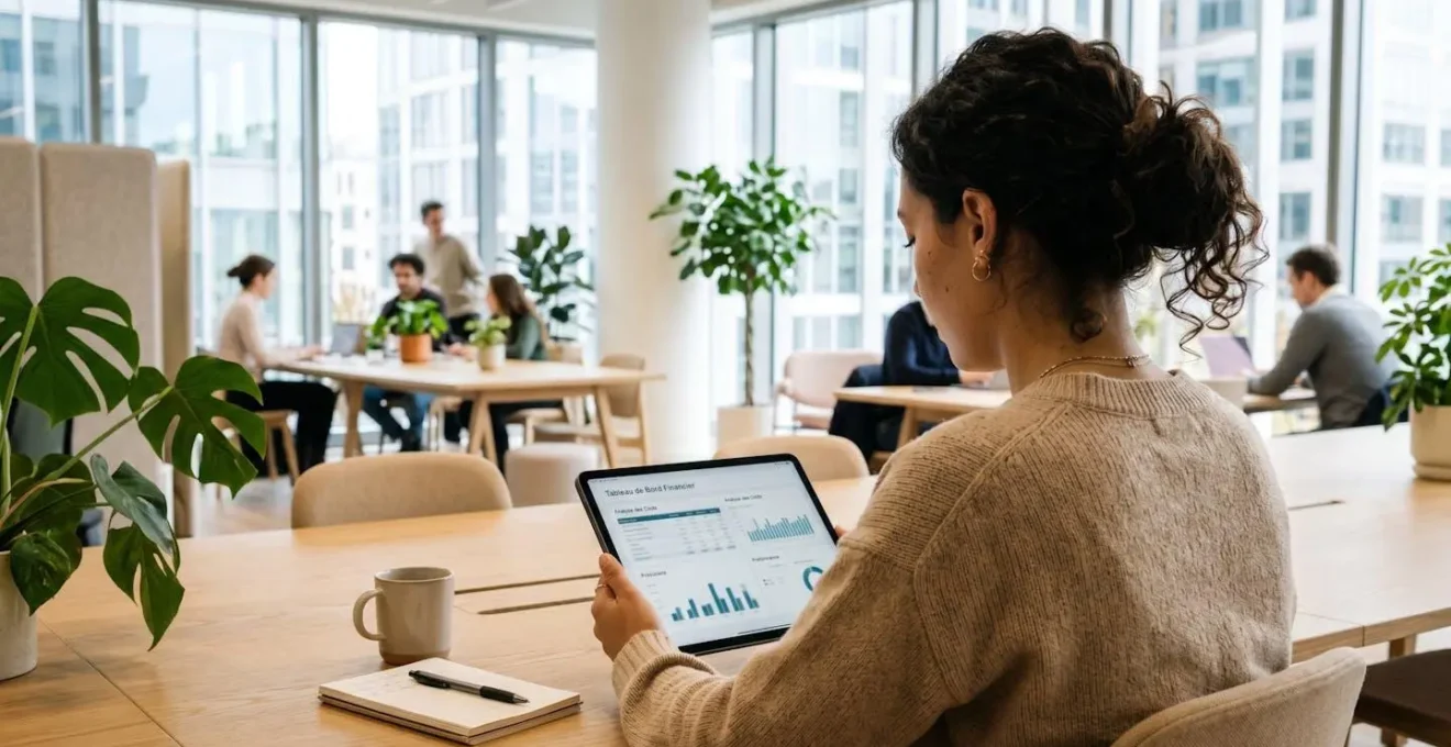 Deux responsables financiers examinent ensemble un tableau de bord financier sur une tablette dans un bureau lumineux contemporain