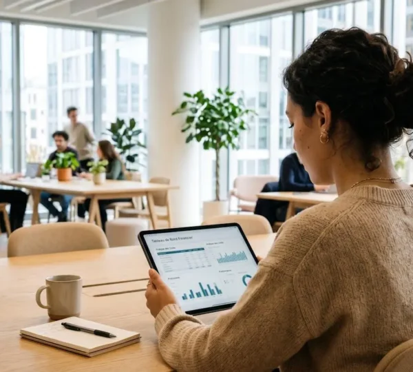 Deux responsables financiers examinent ensemble un tableau de bord financier sur une tablette dans un bureau lumineux contemporain