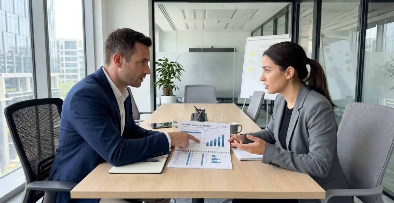 Deux professionnels de profil en réunion discutent autour d'un document imprimé posé sur une table de réunion moderne, l'un pointant le document du doigt