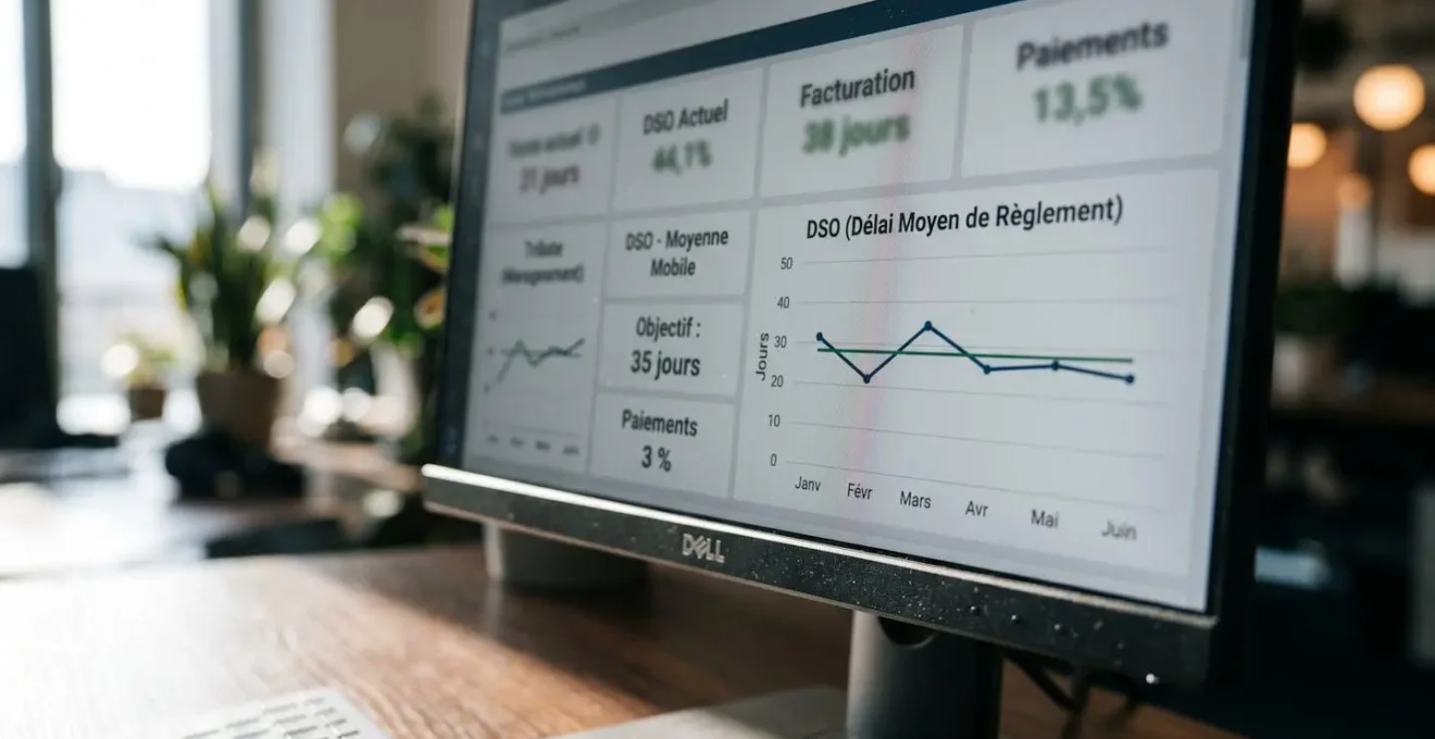Vue rapprochée d'un écran d'ordinateur affichant un tableau de bord financier avec graphiques et indicateurs partiellement floutés