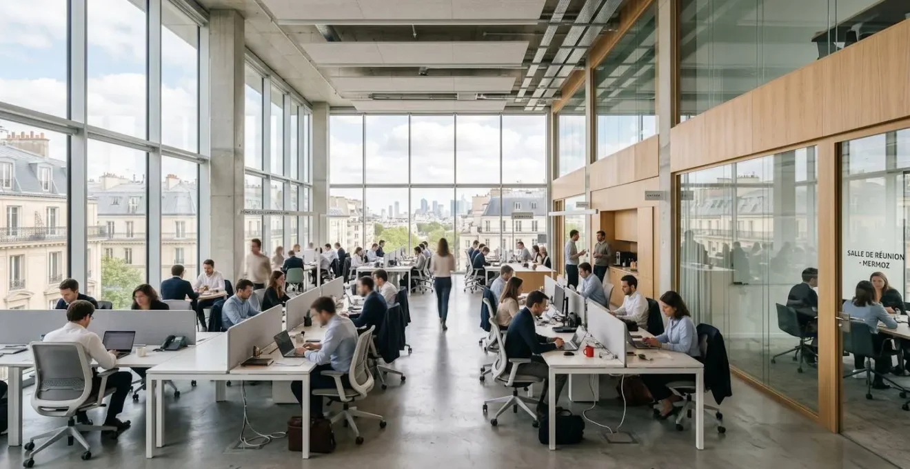 Vue grand angle d'un espace de bureau contemporain ouvert et lumineux avec grandes fenêtres et mobilier minimaliste de style européen