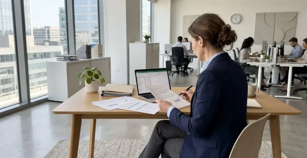 Vue de dos d'un directeur financier analysant des documents sur un bureau rangé avec plante verte et lumière naturelle douce Vue de dos d'un directeur financier analysant des documents sur un bureau rangé avec plante verte et lumière naturelle douce