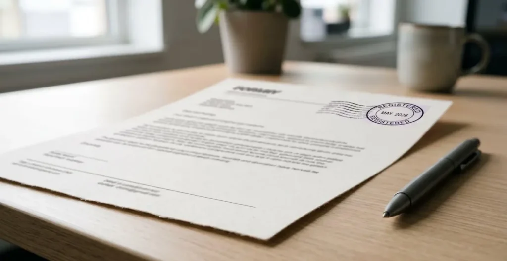 Vue rapprochée d'un document officiel de mise en demeure avec tampon de courrier recommandé posé sur un bureau, stylo à côté Vue rapprochée d'un document officiel de mise en demeure avec tampon de courrier recommandé posé sur un bureau, stylo à côté