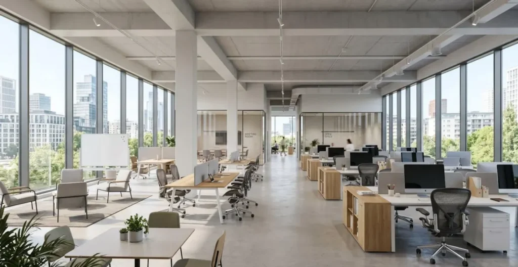 Vue en grand angle d'un open space de PME moderne avec bureaux contemporains, grandes baies vitrées et lumière naturelle abondante Vue en grand angle d'un open space de PME moderne avec bureaux contemporains, grandes baies vitrées et lumière naturelle abondante