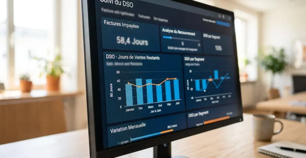 Vue rapprochée d'un écran d'ordinateur affichant un tableau de bord financier avec graphiques et indicateurs partiellement floutés Vue rapprochée d'un écran d'ordinateur affichant un tableau de bord financier avec graphiques et indicateurs partiellement floutés